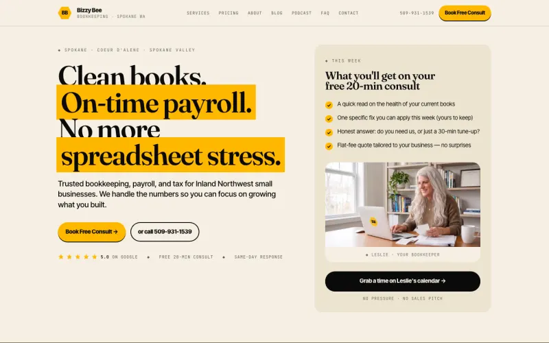 Bizzy Bee Bookkeeping homepage: Clean books. On-time payroll. No more spreadsheet stress.