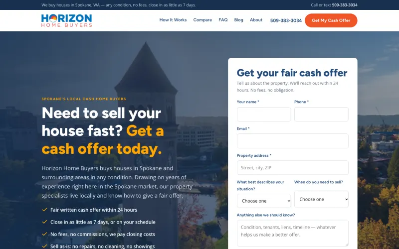 Horizon Home Buyers homepage: Need to sell your house fast? Get a cash offer today.